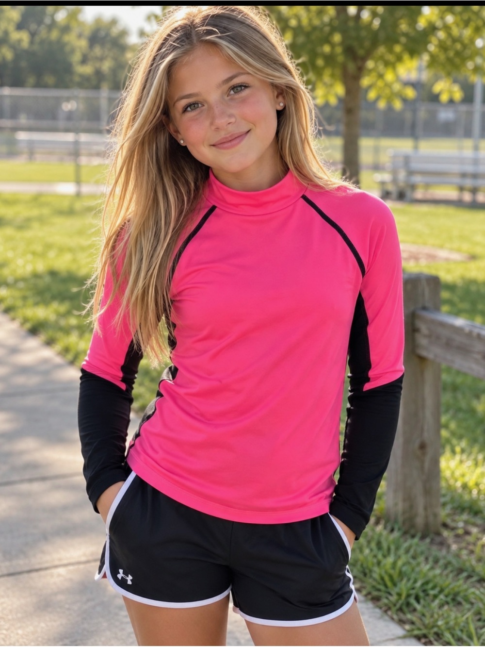 Reebok Hot Pink and Black Long Sleeve Athletic Top for Girls